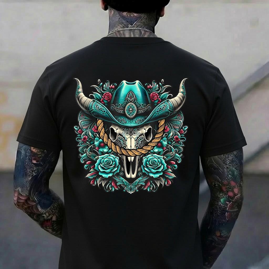 Turquoise Cow Skull Western Graphic Bull Skull Rodeo Queen T-Shirt 4XL
