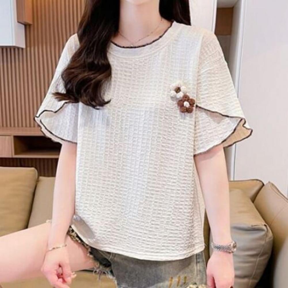 Navava Women Flower PoinT Round Neck ShorT Sleeve T shirT nT2810