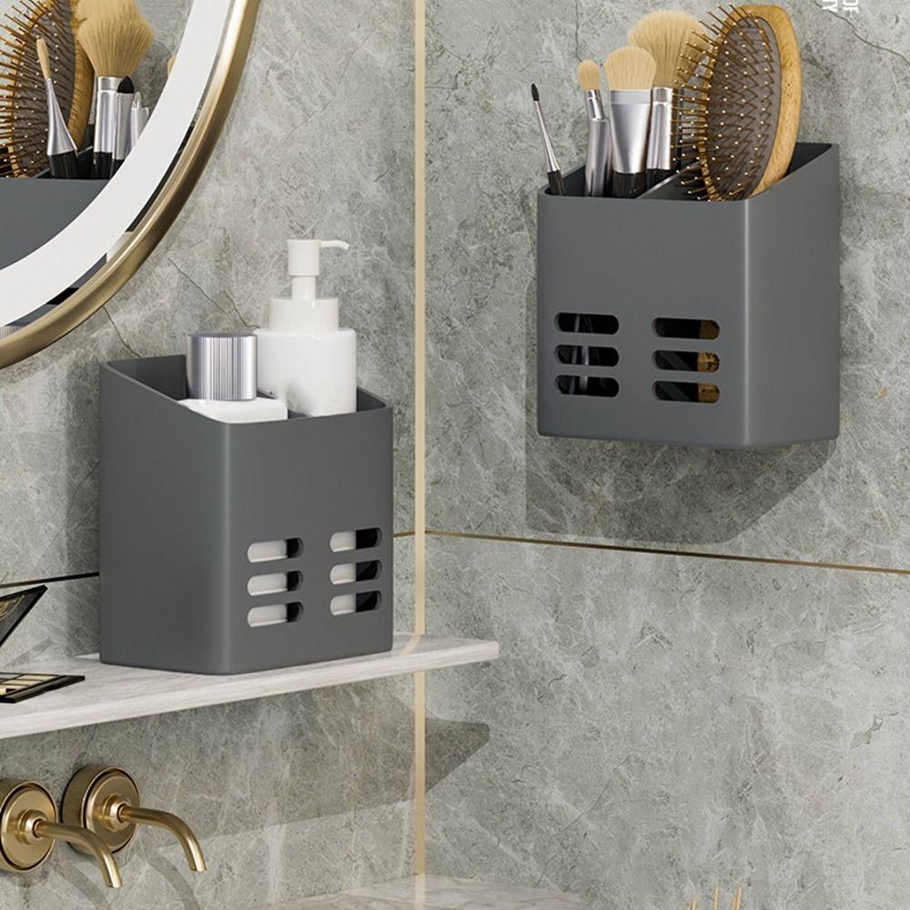 Raft de pastă de dinți din plastic alb/gri, suport pentru periuță de dinți montat pe perete, fără perforator, recipient de depozitare cu pieptene de mare capacitate, pentru depozitare