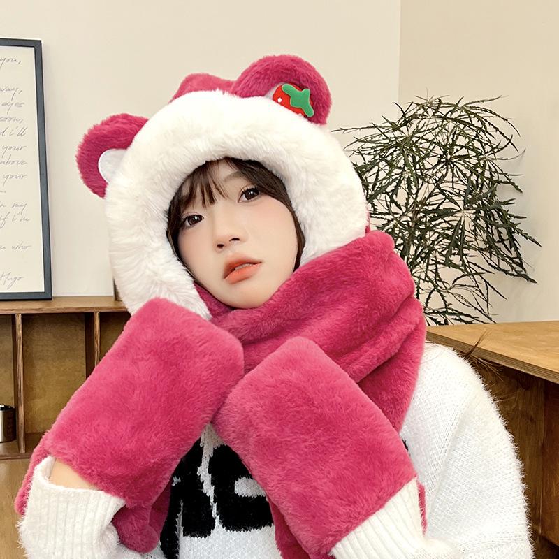 Women's Cozy Fox Ear Plush Hat with Integrated Scarf - Warm, Soft Lei Feng Design for Autumn and Winter. Perfect Ear Protection for Students.