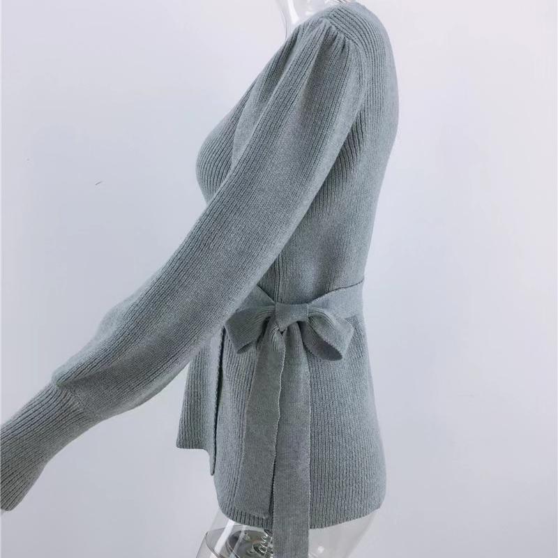 IHUASU Autumn and Winter Tie Temperament Commuter V-neck Jumper Women's Loose Large Size Fashion Knitted Cardigan