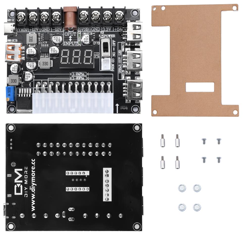 24 Pins ATX Power Supply Breakout Board and Acrylic Case Kit Module Adapter Power Connector Support 3.3V/5V/12V 1.8V-10.8V(ADJ)