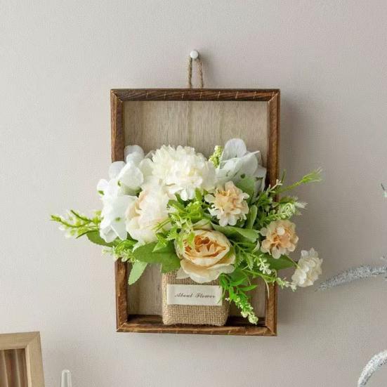 Artificial Hydrangea Wall Hanging Decoration Fake Silk Flower Plants Wooden Fame Decor Home Office Living Room Bedroom Wall Art Ornament