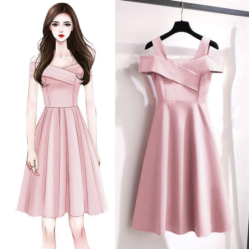 Damen V-Ausschnitt Kurzarm Midi-Kleid Lockerer Schnitt Hoher Bund Lässig A-Linien-Kleid Einfarbig Unregelmäßig Schulterfrei Sommer Übergröße Kleid 2XL rosa