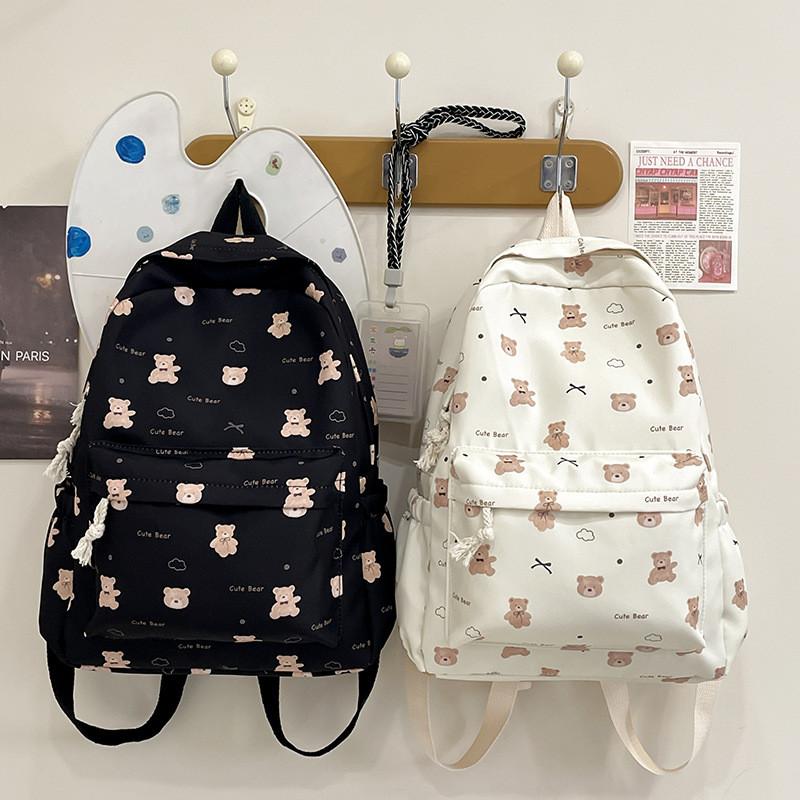 Simple Butterfly Bow And Cartoon Bear Pattern Student Backpack For Casual Use And Commuting