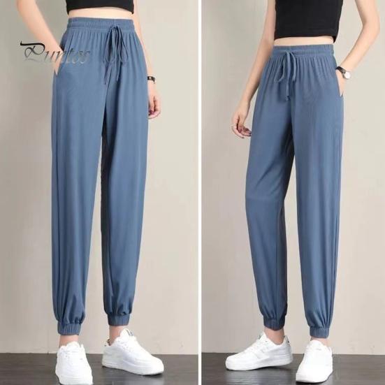 Summer Thin Ice Silk Sports Pants Elastic Drawstring Waist Pockets Casual Sweatpants Solid Color Loose Fit Fitness Trousers Streetwear