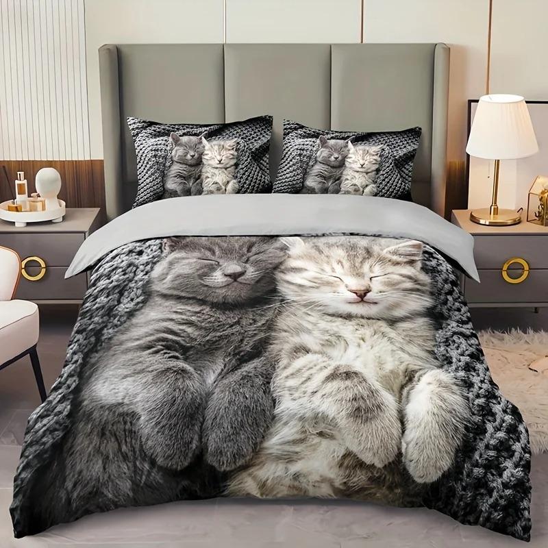 3Pcs Cat Animal Duvet Cover Set 3D Cute Pet Cat Hd Printing Bedding For Home Dorm