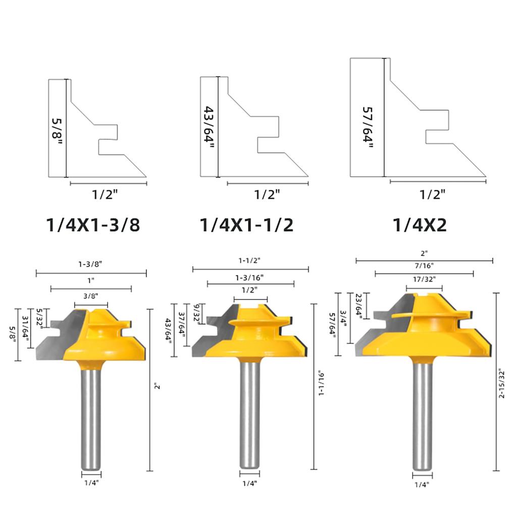 45 Degree Lock Miter Router Bit 3-Piece Set, for 31/64", 37/64",3/4" Cutting Height, 1/4 Inch Shank.Woodworking Tools Joint Router Bits (3PCS 1/4