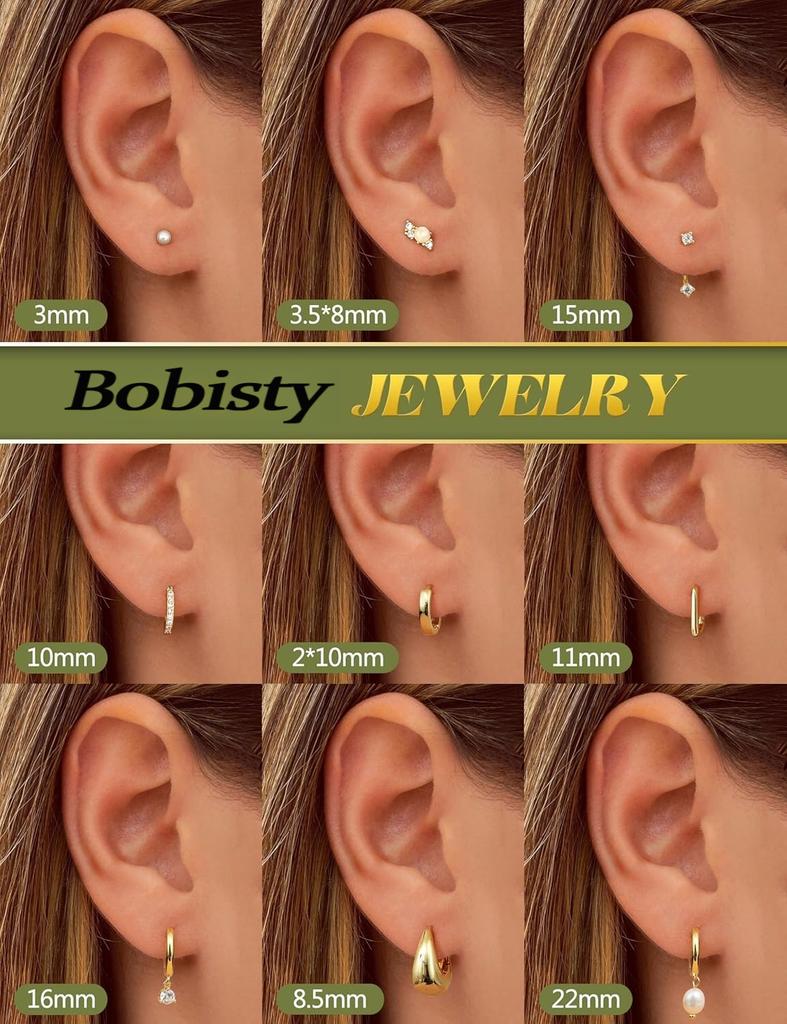 Bobisty  9Pairs 14K Gold Plated Hoop Earring Stacks for Women Stud Hoop Earrings Stainless Steel Cartilage Earring Sets Piercing