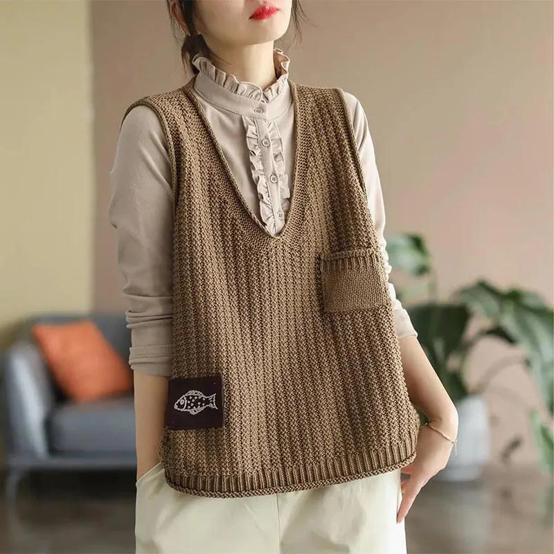 

Vintage Women Knitted Sleeveless Sweaters Vest Spring Autumn New Fashion Loose Pullover S хакі