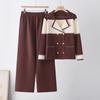 Cross-border Temperament Suit Collar Suit Women's 2025 Autumn and Winter New Double-breasted Knitted Top Wide-leg Pants Two-piece Set
