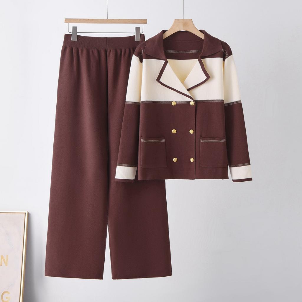 Temperament suit collar suit women's 1116 autumn and winter new double-breasted knitted top wide-leg pants two-piece set