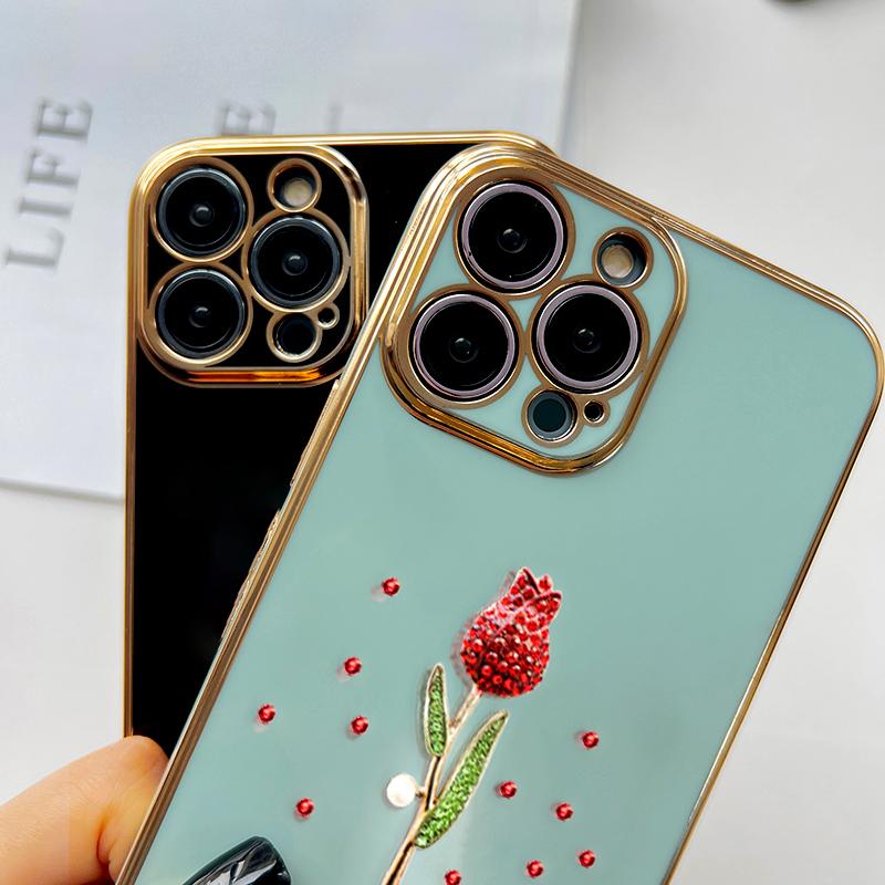 6D Plating Luxury Crystal Rose Case for iPhone 14 13 11 Pro Max 12 Samsung Galaxy S22 Ultra S21 A12 S20 A52S Infinix Tecno Soft TPU Phone Cover