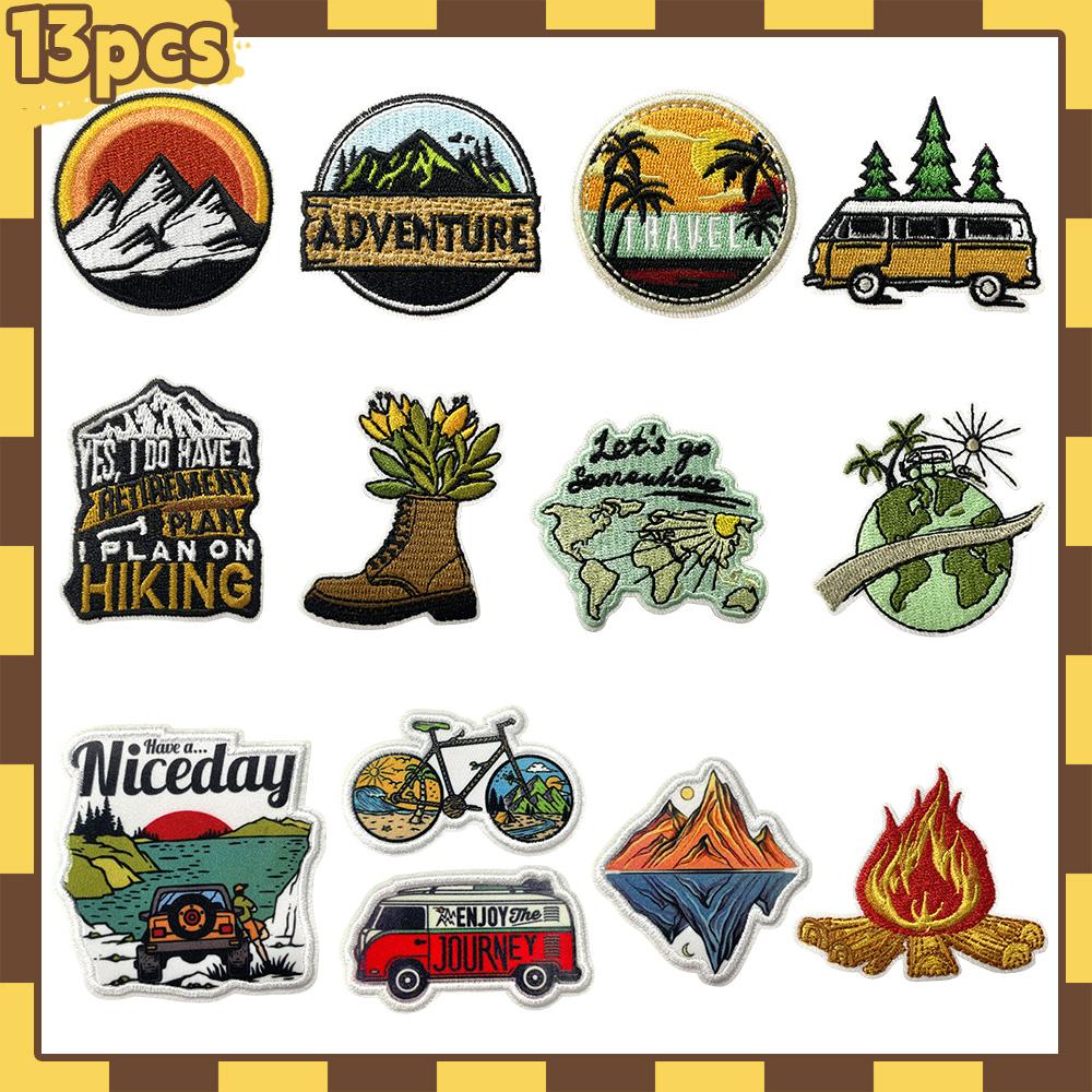 Outdoor Adventure Patches Set - Embroidered Patches for Hiking, Travel, and Adventure Lovers - Vibrant Nature-Inspired Designs 13pcs/set