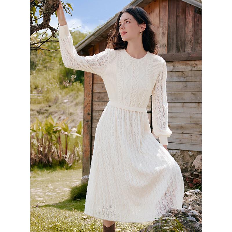 Betu Women's Elegant Twisted Rope Brushed Lace Long Sleeve Dress