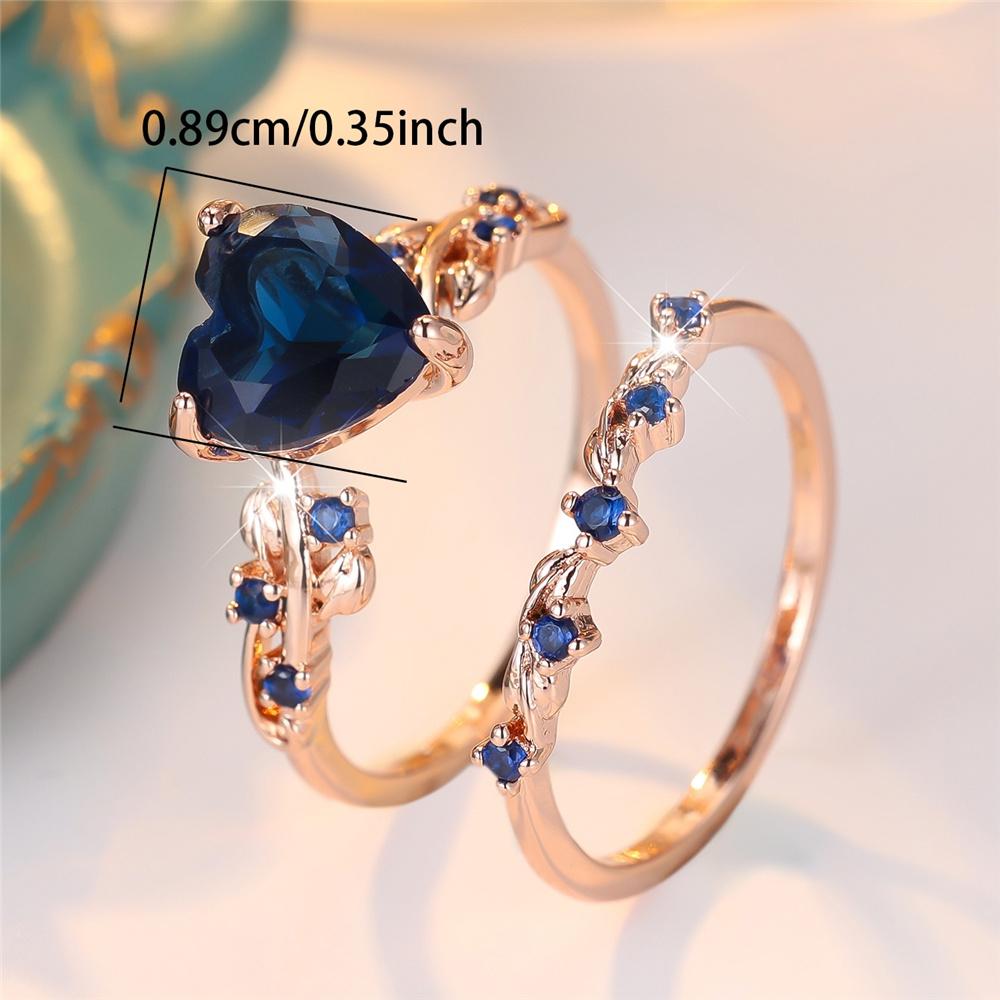 Set di Anelli a Cuore d'Amore in Zircone Nero Blu Cristallo Femminile Moda Vintage Colore Oro Nuziale Matrimonio Fidanzamento Per Donne
