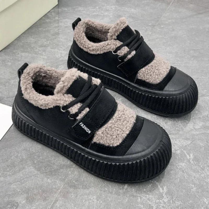 Fashion New Winter Warm Cotton Shoes for Women with Plush Lace Up Casual Sports Shoes, Fashionable Thick Soled Lightweight Cotton Shoes