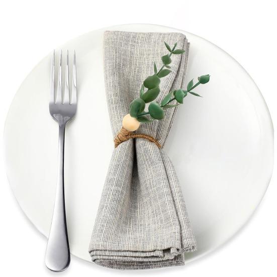 Artificial Eucalyptus Leaf Napkin Ring Farmhouse Rustic Jute Rope Wooden Bead Dinner Napkin Holder Birthday Wedding Party Dining Table Decoration