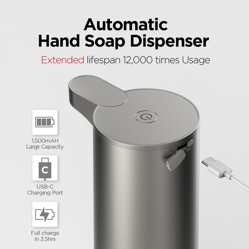mooas Automatic Foaming Soap Dispenser - Pure & Clean Touchless Hand Soap Dispenser, Stainless Steel, USB Rechargeable, Hands-Free Dish Soap Dispenser