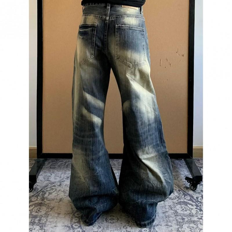 Womens High-Waisted Wide-Leg Distressed Flared Jeans Retro Streetwear Loose Fit Cotton Blend