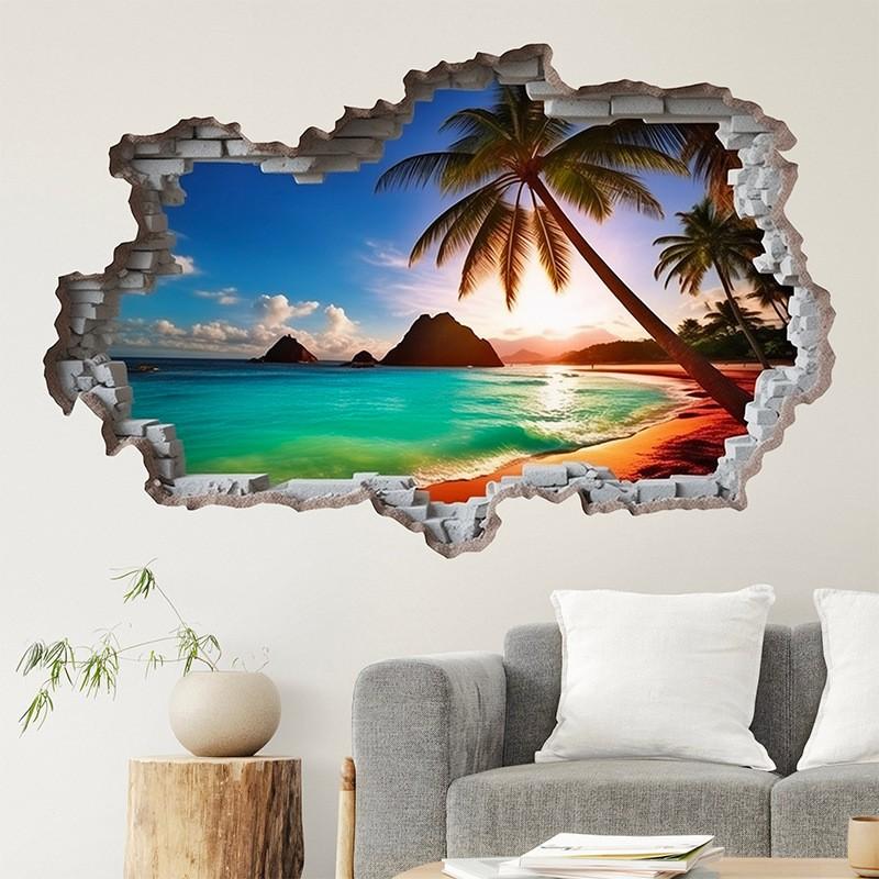 Sunshine Sea View Mural For Home Decoration Aesthetic Rooms Wall Hole Art Blue Water Beach Coconut Trees Vinyl Poster Stickers