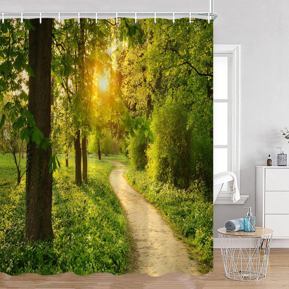 Garden Path Shower Curtains Pink Flowers Green Vines Forest Lane Bathroom Deecorations Nature Polyester Bath Curtains with Hooks