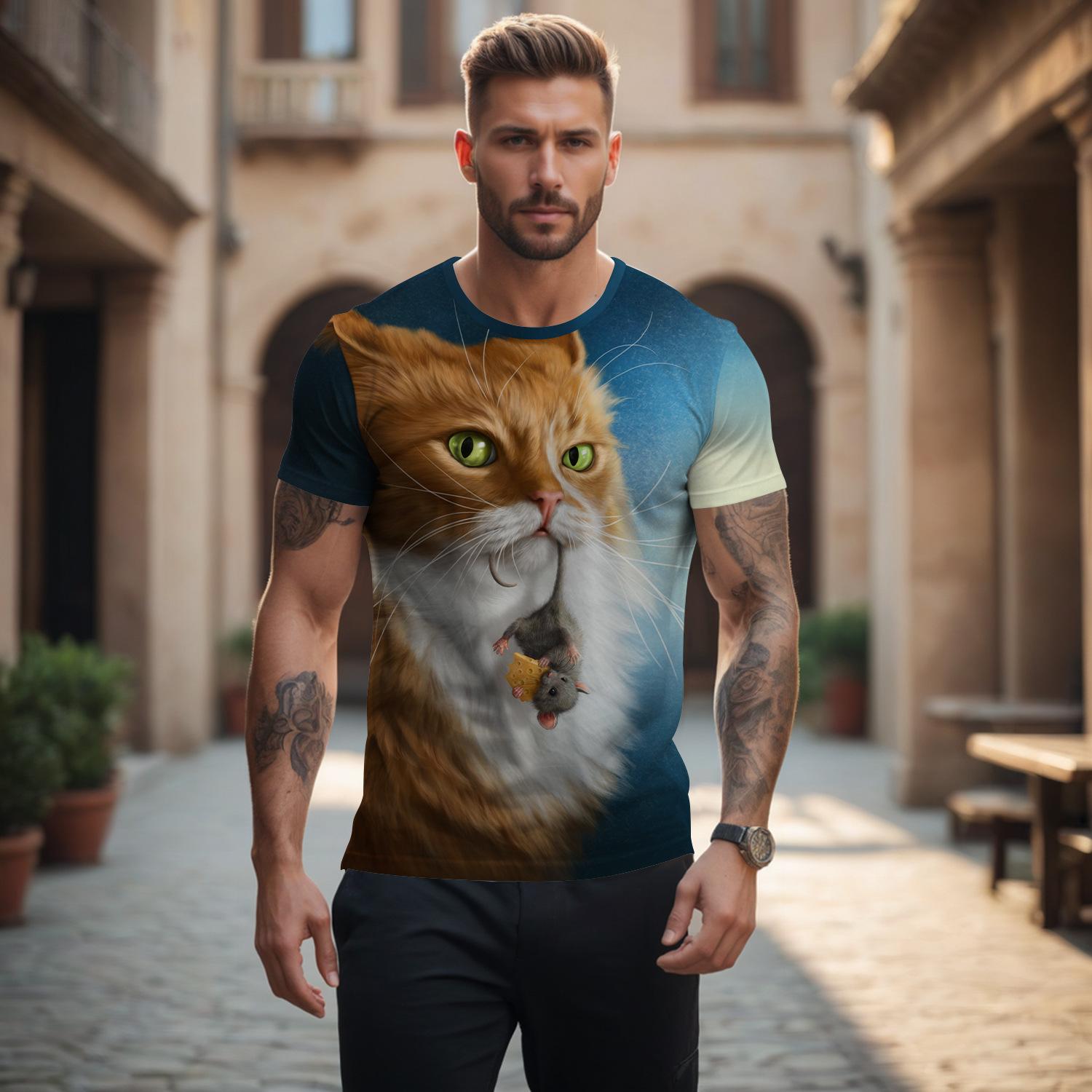 

Летний топ с круглым вырезом и принтом 3D Cat, модные повседневные футболки с короткими рукавами для мужчин 6XL