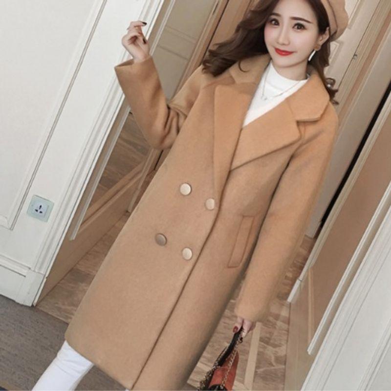 

K-стиль Мода Осень и Зима Новое поступление Однотонный Студенческий Милый Костюм Воротник Средней Длины Длинный Длина Рукав Реглан Шерстяное Пальто Женское Camel color M