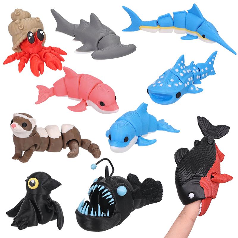 3DPrinted Animal figure Movable Joint Moldel Shark Bearded Dragon Dolphin Hermit Crab Ferret Raccoon Angler Fish Home Decor Gift
