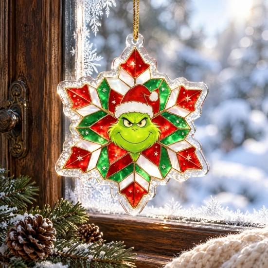 Stained Glass Style Decor Green Elf Christmas Ornament, 2D Acrylic Red Bell Tree Candy Cane Gift Box Xmas Hanging Charms Shaped Double Sided