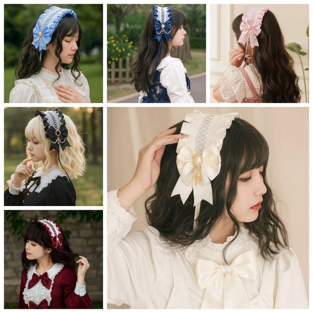 Ribbon Bow Lolita Lace Headband Sweet Maid Cosplay Headdress Cute Ruffled Hairband  Girls