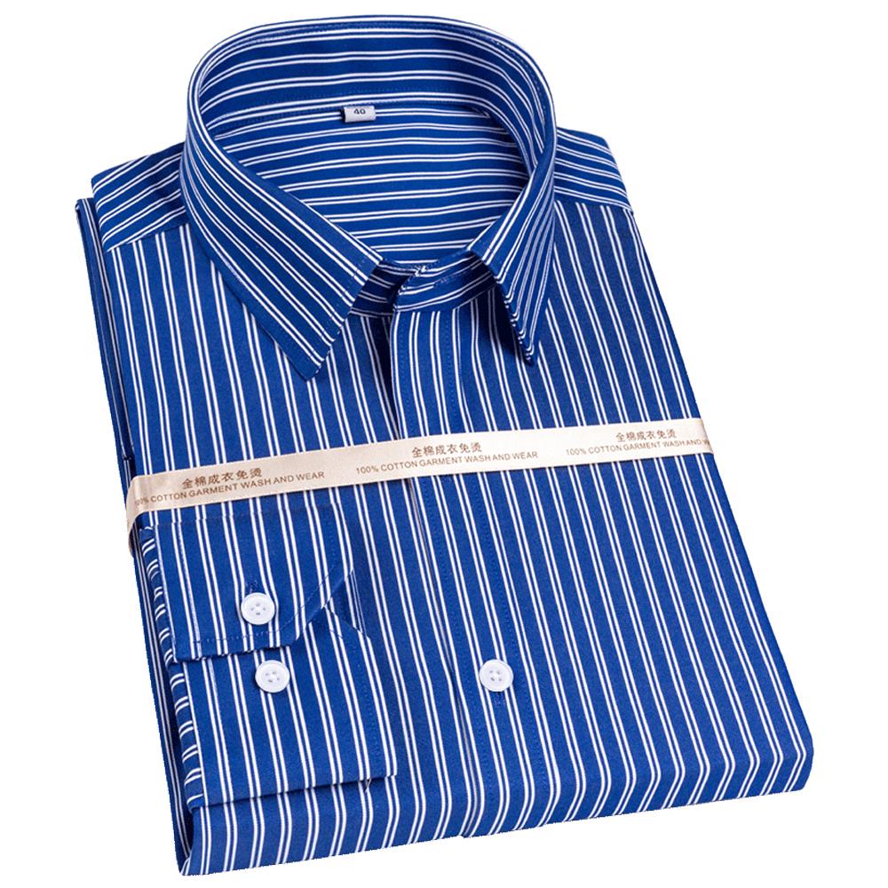 Men's Premium Non-Iron Pure Cotton Long Sleeve Formal Shirt with Spread Collar, No Pocket Plaid Striped for Business Casual Wear
