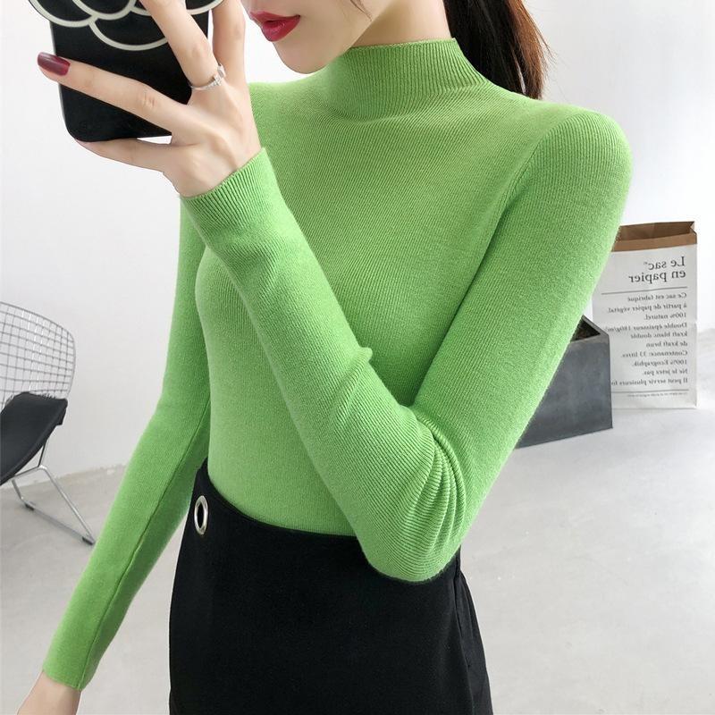 Half Turtleneck Knitted Pullovers Sweaters Women Autumn Winter Primer Shirt Long Sleeve Short Slim-fit Tight Jumper Tops Solid Color One Size