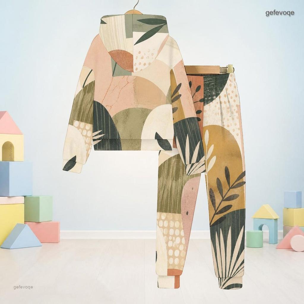 Kids Abstract Geometric Printed Hooded Long Sleeve Sweatshirt And Cuffed Pants Two Piece Set