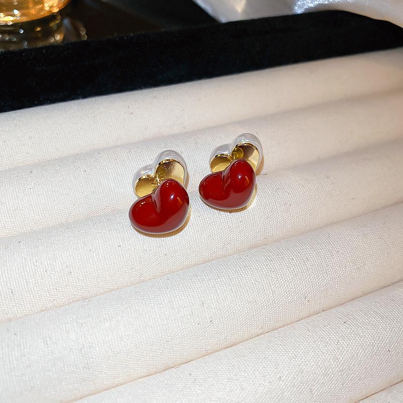 Red Bow Coin Purse Earrings: Silver Needle Retro Snake Lock Studs, New Year High-End Ear Jewelry.