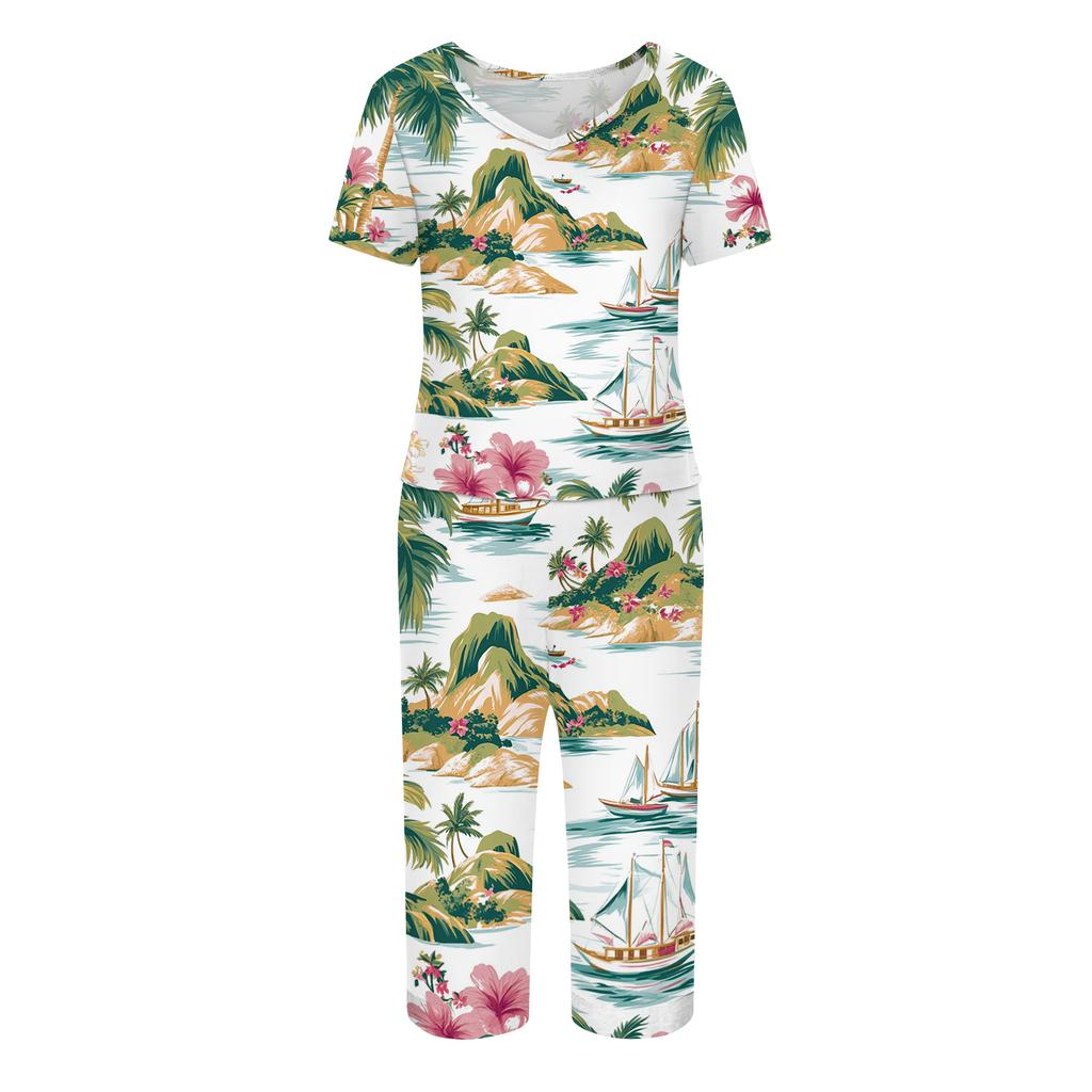 2 Piece Sets For Women Short Sleeve Top And Pants With Pockets Workout Soft  Print Sets