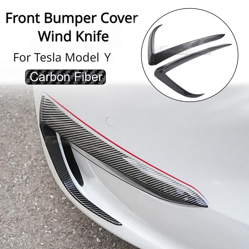 For Tesla Model 3 Model Y 2017-2023 Glossy Black/Carbon Car Front Bumper Fog Light Frame Wind Knife Spoiler Decoration Body Kit