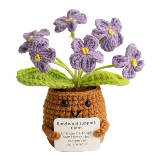 Heklet potteplante med positivt kort Emosjonell støtte Håndlaget strikket potteplante Dukke Stressreduserende leketøy Skrivebordsdekorasjon Ornament