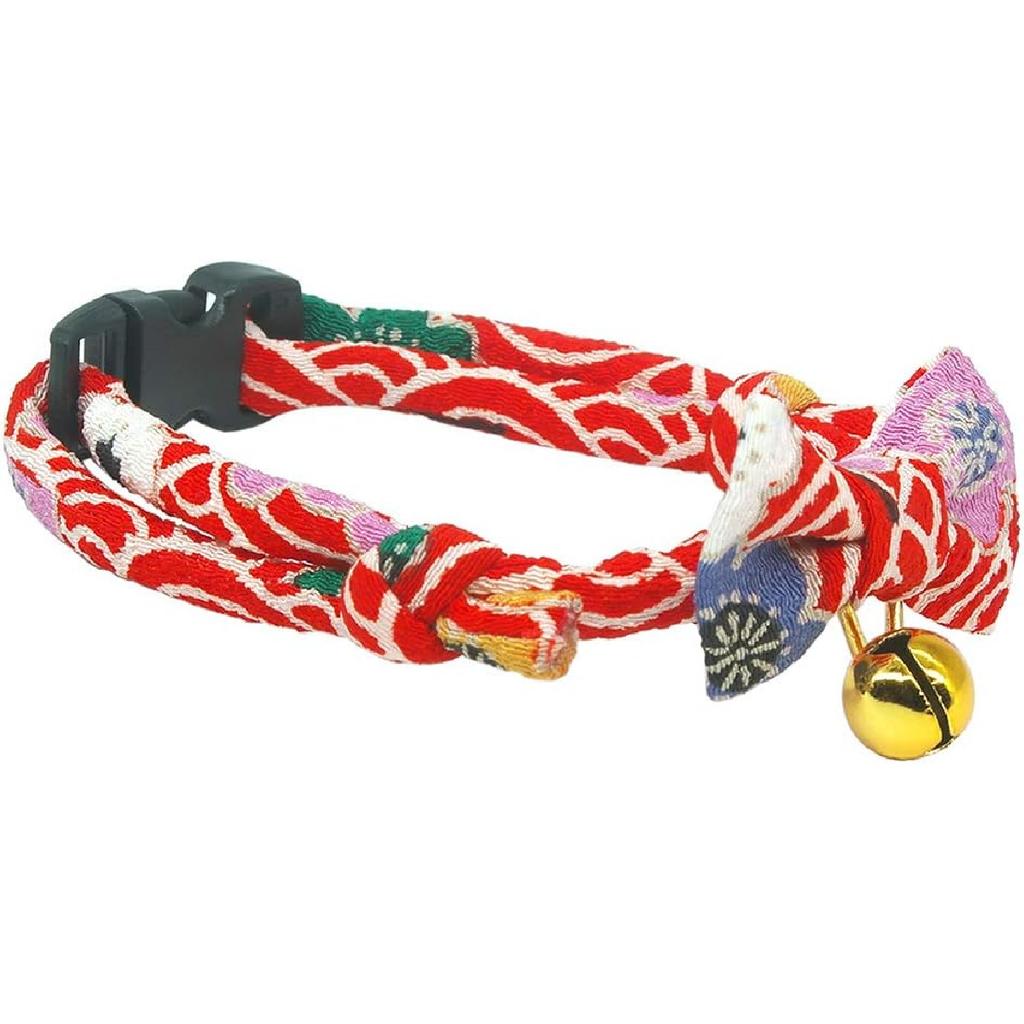PetSoKoo Bowtie Cat Collar with Bell Breakaway, Japan Chirimen Fabric Golden Bell