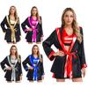 Conjunto de Fantasia de Boxe Feminino Top Regata Gola V Saia Roupão com Capuz Cinto 4 Peças Roupa de Cosplay de Halloween