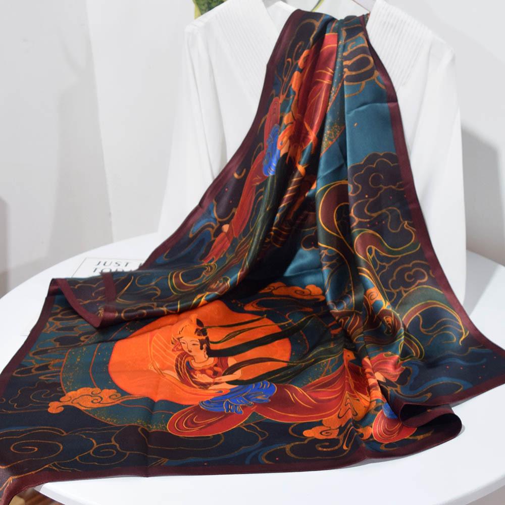 Autumn new silk silk scarf 90cm printed large square scarf Chinese style small shawl 100 mulberry silk satin scarf 80-100cm
