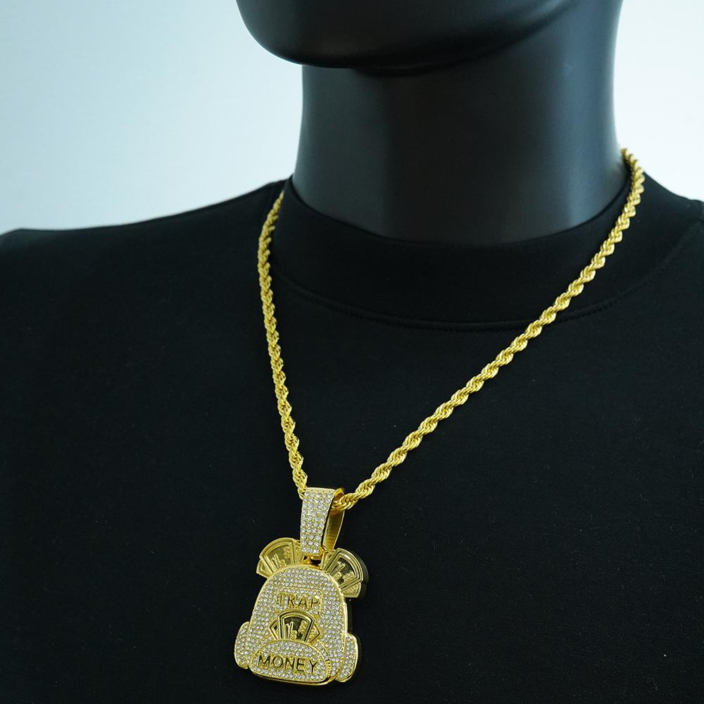Backpack style hip hop pendant necklace money bag pendant with 5mm twist chain necklace