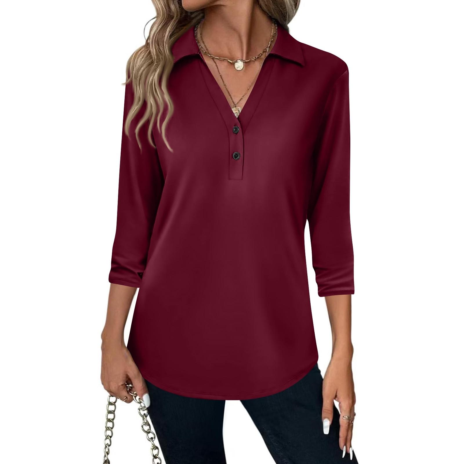 

Women s Fashion Casual Lapel Short 3/4 Sleeve Solid Color Shirt Women s V-Neck Button Tops M винний