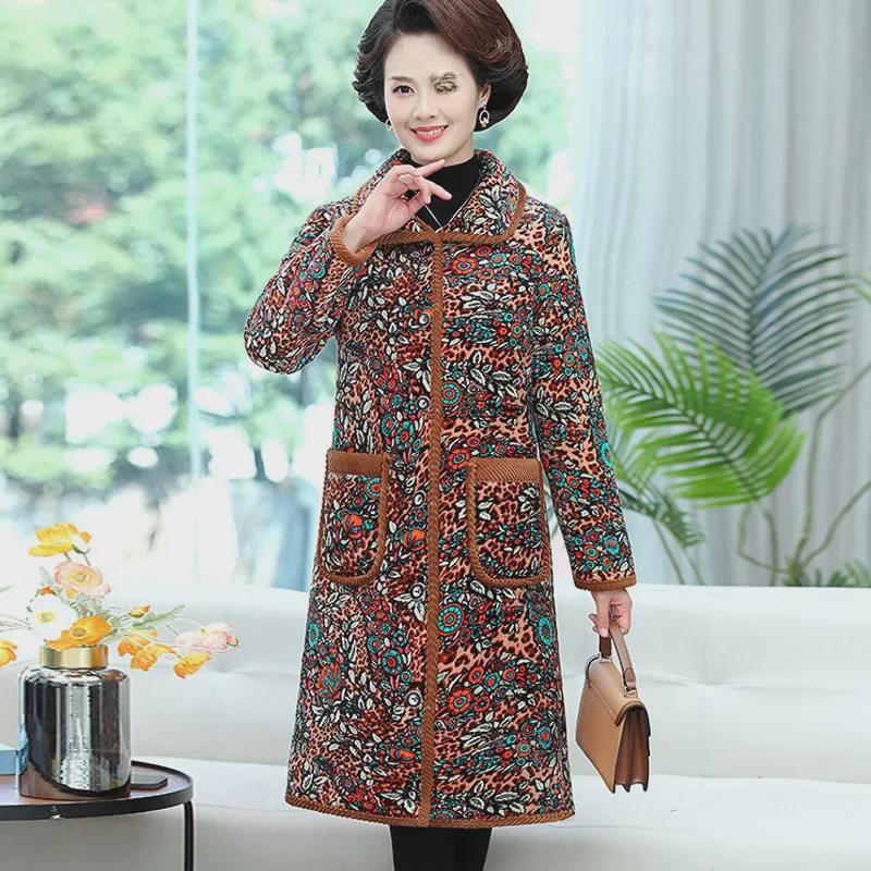 Warm Floral Crystal Velvet Coat for Middle-aged and Elderly Women