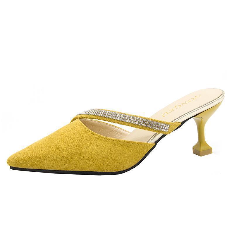 Baotou half slippers women wear 2025 summer new Korean version suede high heel Internet celebrity pointed heel rhinestone sandals