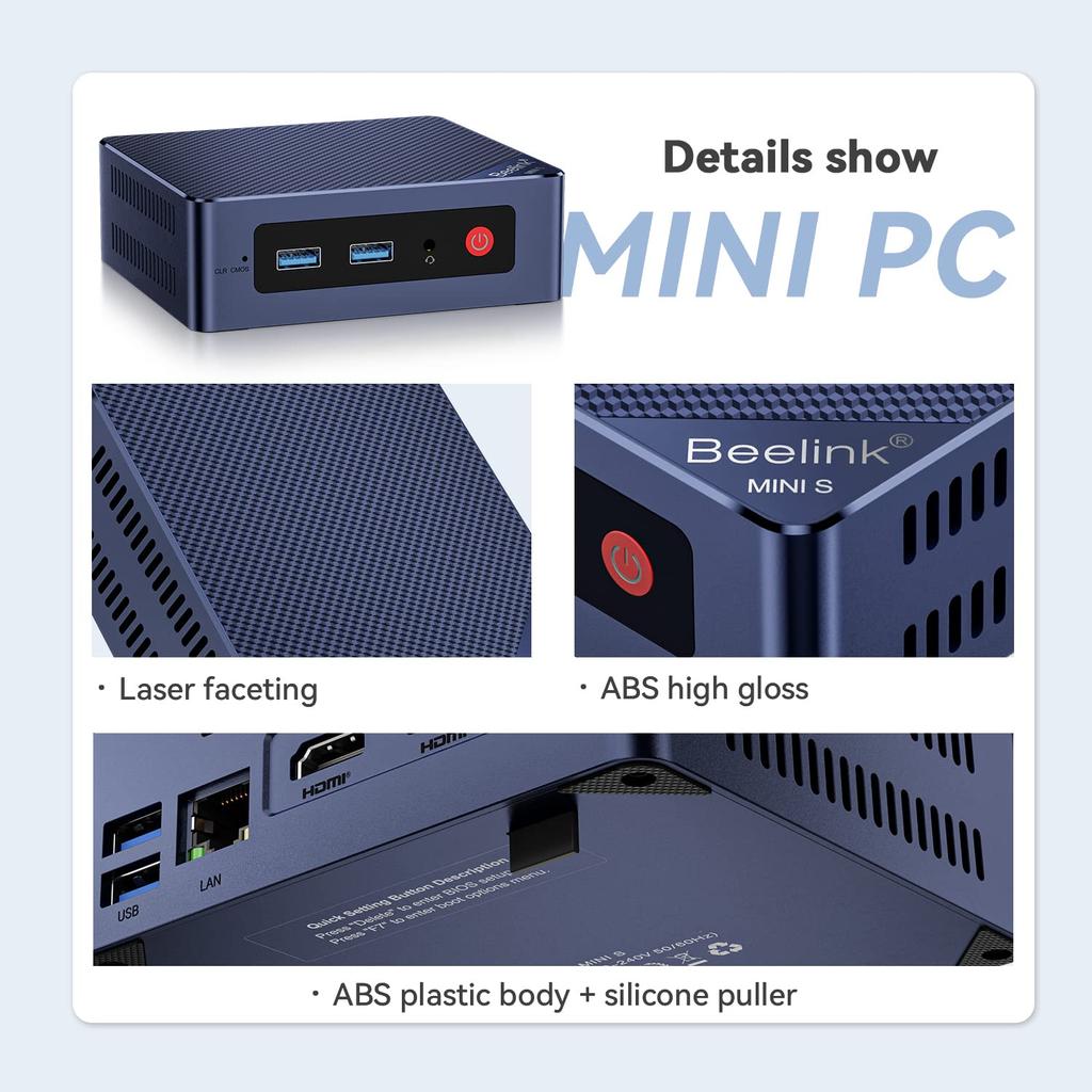 Beelink MINI S12 Mini Intel Alder Up to 16GB 500GB Business Mini Desktop Dual WiFi BT PC, Lake-N95 Processor, 3.40GHz, RAM, SSD, PC, HDMI, 5, 4.2,