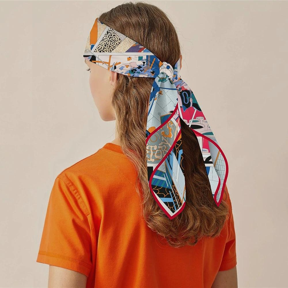 French-style Women 90*90cm Cartoon Puzzle Patchwork Silk Twill Hijab Colorful Female Bandana Neckerchief