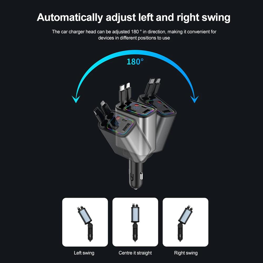 4IN1 Retractable Car Charger with Voltage Display Type-C USB Adapter Car Phone Charger with Star Light For IOS Android Phones