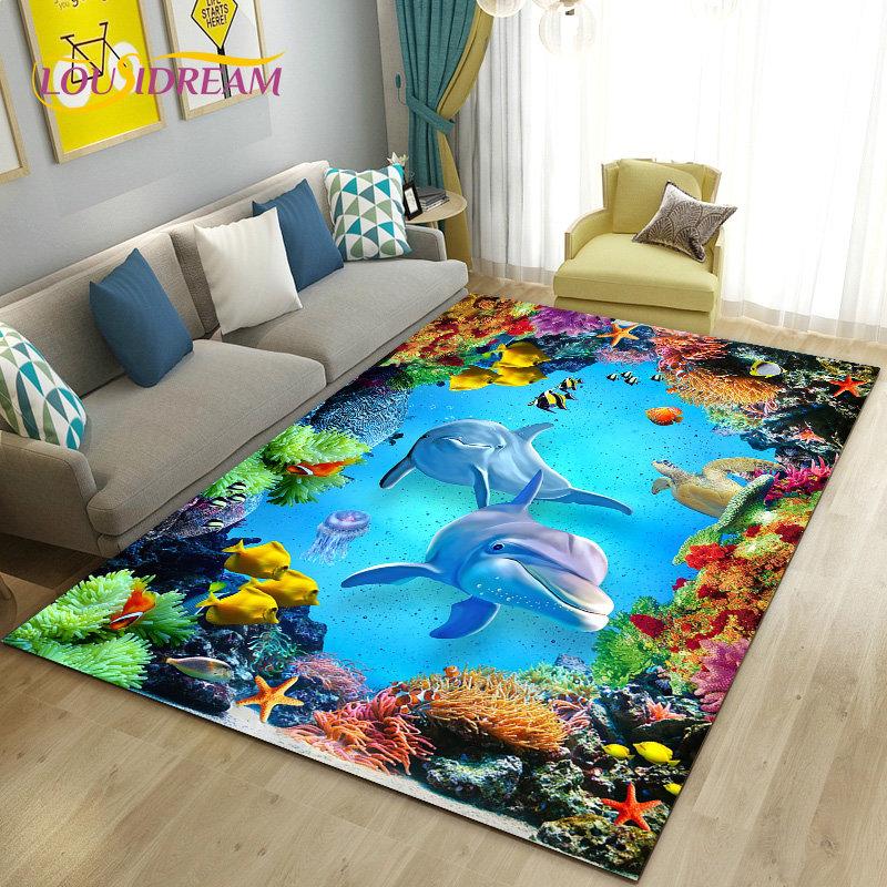 3D-Illusion Unterwasserwelt Meeresboden Delfin Hai Teppich, Teppich für Wohnzimmer Schlafzimmer Sofa Fußmatte Rutschfeste Bodenmatte