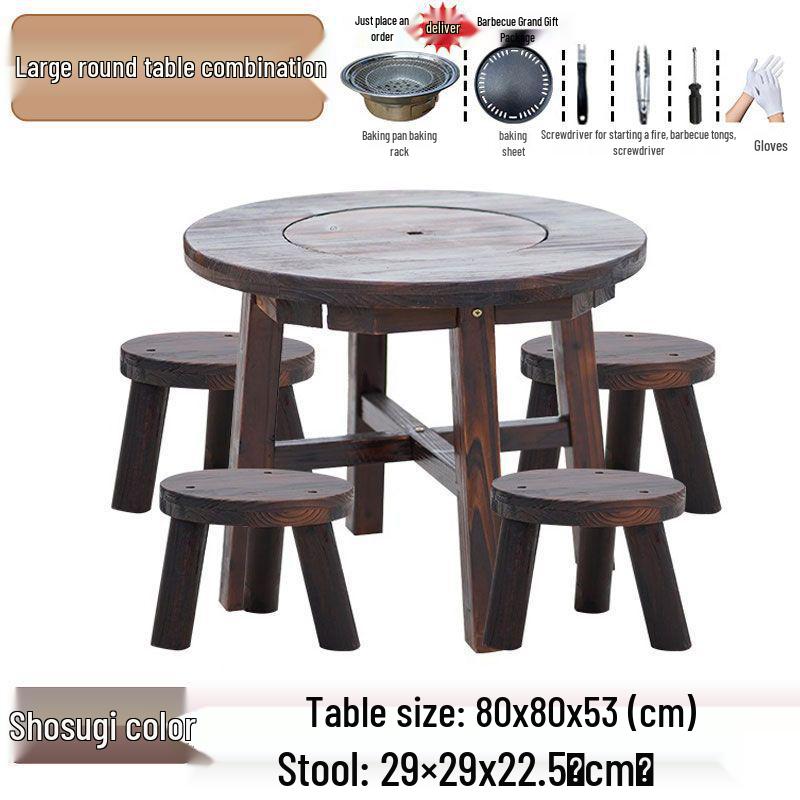 Outdoor Anti-corrosion Fire Pit Tea Table with Solid Wood and BBQ Function, Includes Indoor/Outdoor Chairs for Home Use